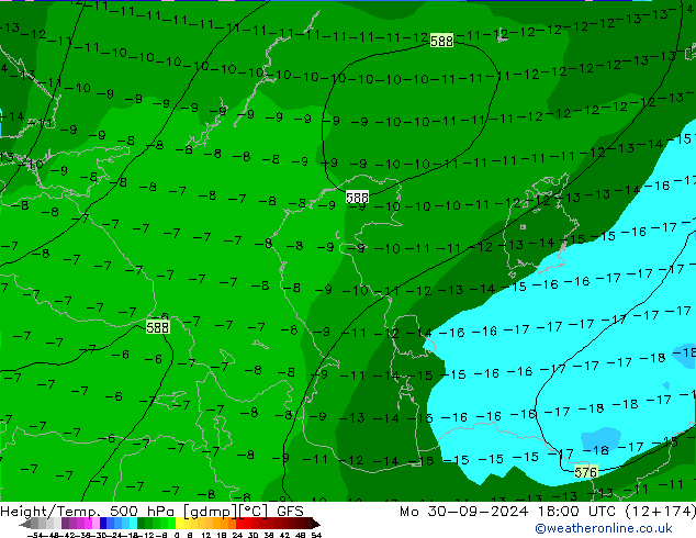 Geop./Temp. 500 hPa GFS lun 30.09.2024 18 UTC