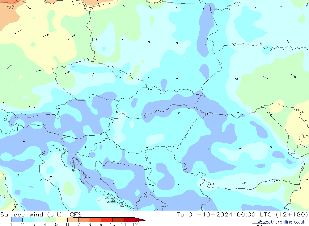 Vento 10 m (bft) GFS Ter 01.10.2024 00 UTC