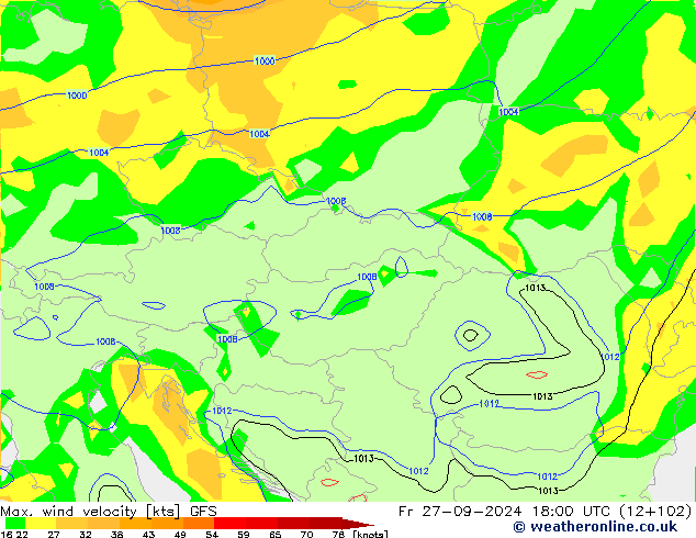 Max. wind velocity GFS пт 27.09.2024 18 UTC