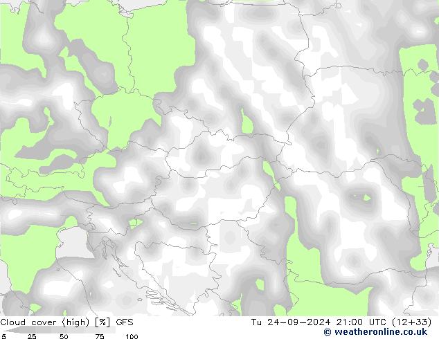 Cloud cover (high) GFS Tu 24.09.2024 21 UTC