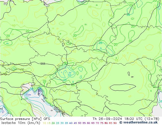 Isotachs (kph) GFS Th 26.09.2024 18 UTC