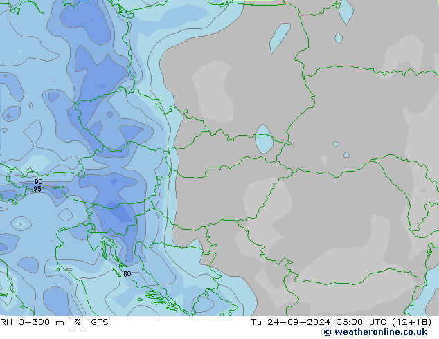 RH 0-300 m GFS Tu 24.09.2024 06 UTC