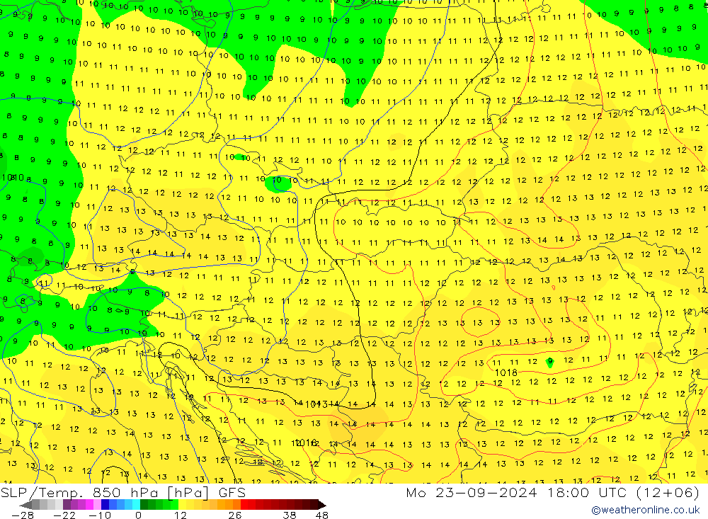 SLP/Temp. 850 hPa GFS pon. 23.09.2024 18 UTC