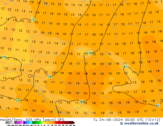 Hoogte/Temp. 925 hPa GFS di 24.09.2024 00 UTC