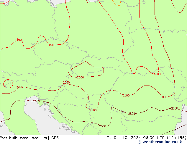 Wet bulb zero level GFS Tu 01.10.2024 06 UTC