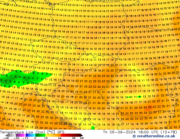 Temperature Low (2m) GFS Th 26.09.2024 18 UTC