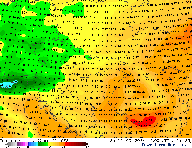 Temperatura mín. (2m) GFS sáb 28.09.2024 18 UTC