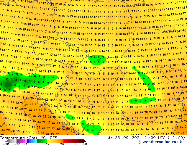 карта температуры GFS пн 23.09.2024 21 UTC