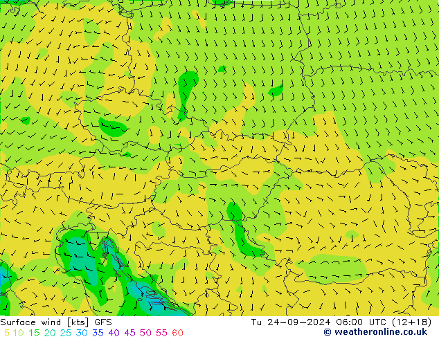 Wind 10 m GFS di 24.09.2024 06 UTC