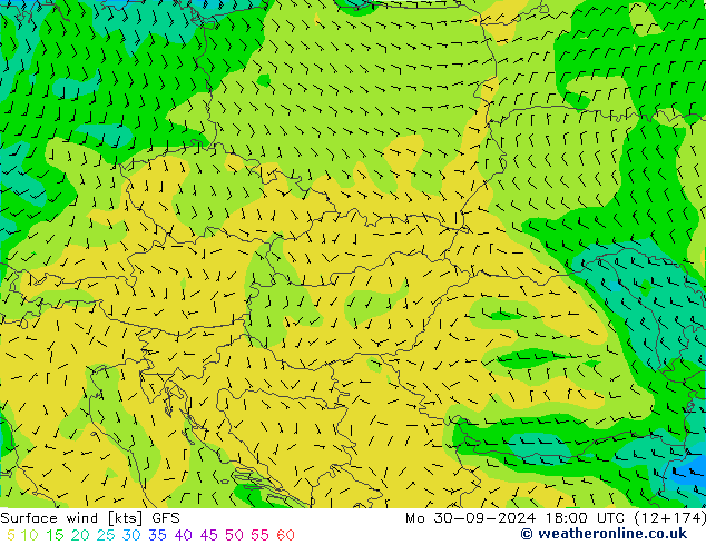 Viento 10 m GFS lun 30.09.2024 18 UTC