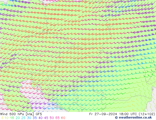 wiatr 500 hPa GFS pt. 27.09.2024 18 UTC