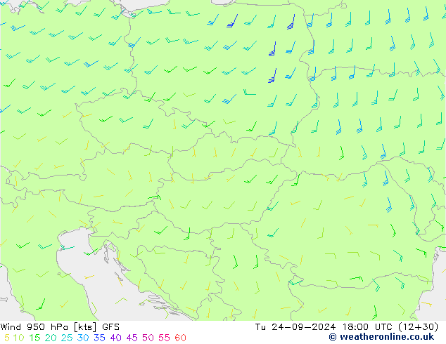 wiatr 950 hPa GFS wto. 24.09.2024 18 UTC