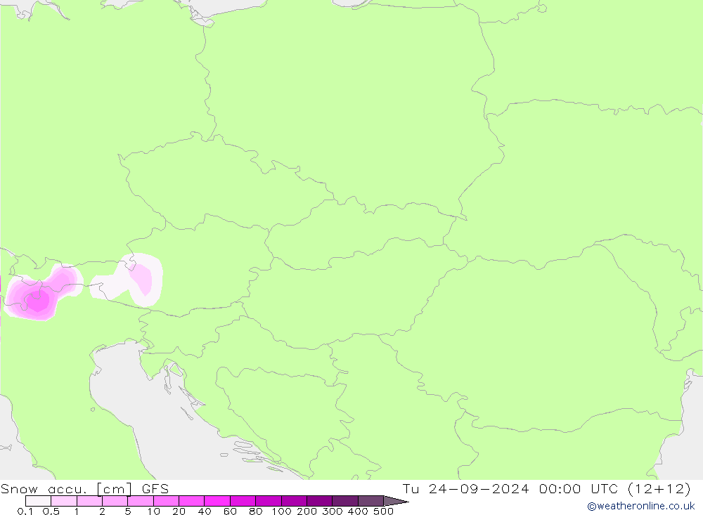 Глубина снега GFS вт 24.09.2024 00 UTC