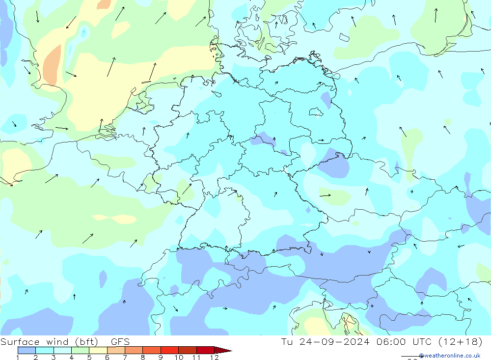 Surface wind (bft) GFS Tu 24.09.2024 06 UTC