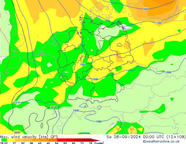 Max. wind velocity GFS Sa 28.09.2024 00 UTC