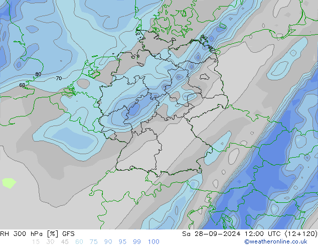 RH 300 гПа GFS сб 28.09.2024 12 UTC