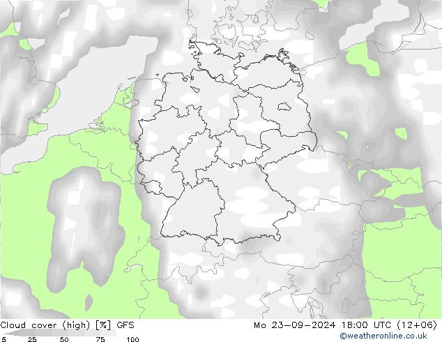 Cloud cover (high) GFS Mo 23.09.2024 18 UTC