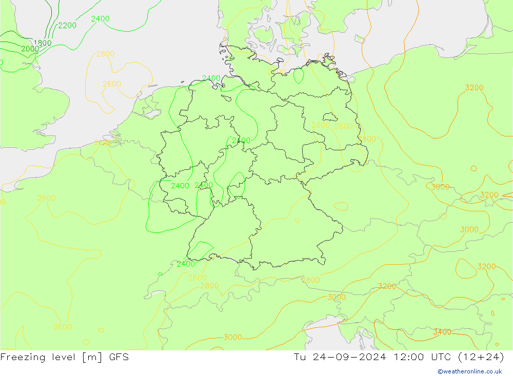 Nulgradenniveau GFS di 24.09.2024 12 UTC