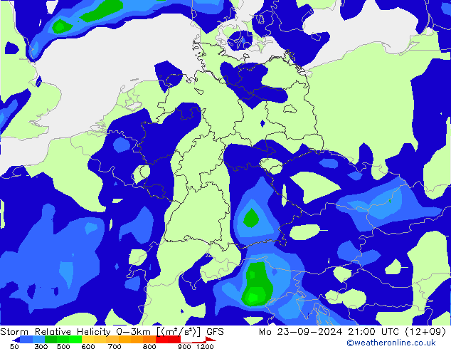 Storm Relative Helicity GFS Mo 23.09.2024 21 UTC