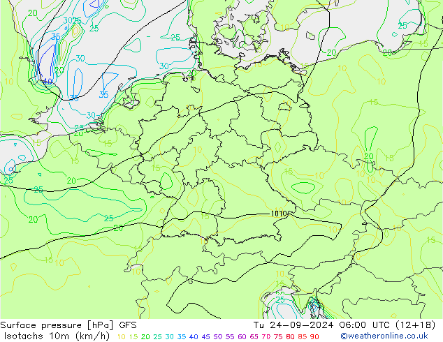 Isotachs (kph) GFS Út 24.09.2024 06 UTC