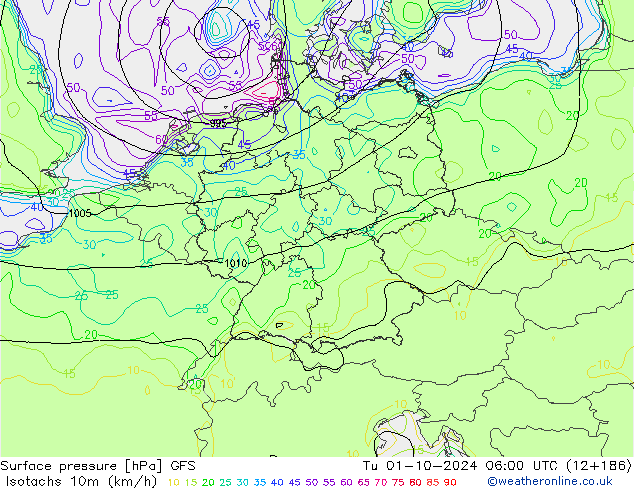 Isotachs (kph) GFS Tu 01.10.2024 06 UTC