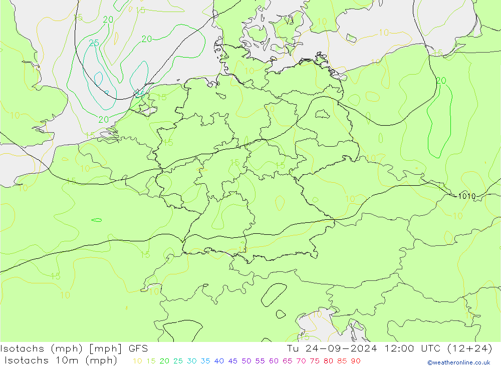 Isotachs (mph) GFS  24.09.2024 12 UTC