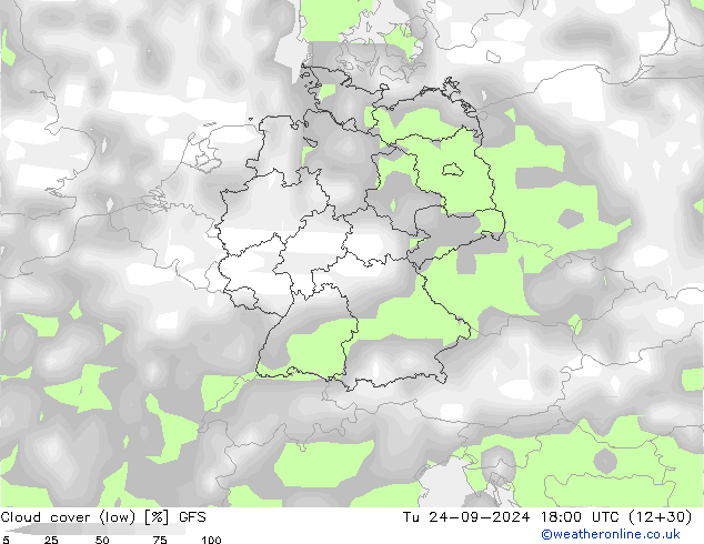 Cloud cover (low) GFS Tu 24.09.2024 18 UTC