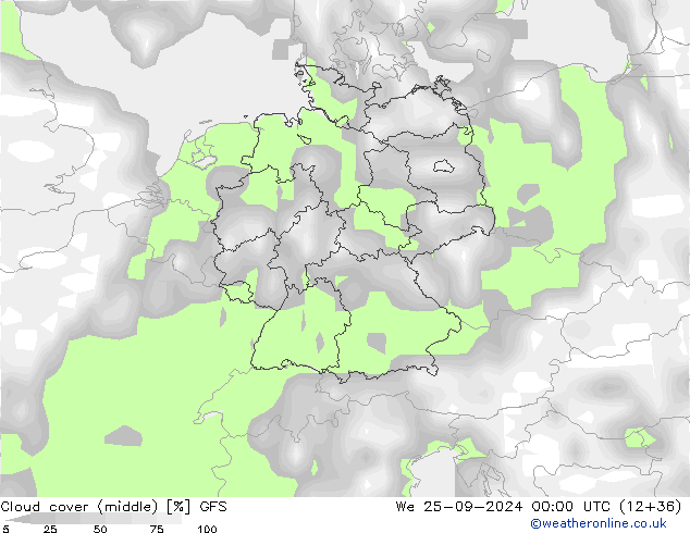 zachmurzenie (środk.) GFS śro. 25.09.2024 00 UTC