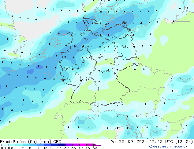 Precipitation (6h) GFS We 25.09.2024 18 UTC