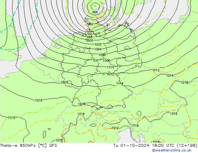 Theta-e 850hPa GFS Tu 01.10.2024 18 UTC