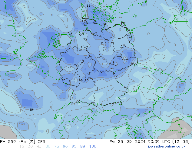 RH 850 hPa GFS śro. 25.09.2024 00 UTC