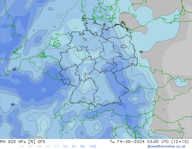 Humidité rel. 925 hPa GFS mar 24.09.2024 03 UTC