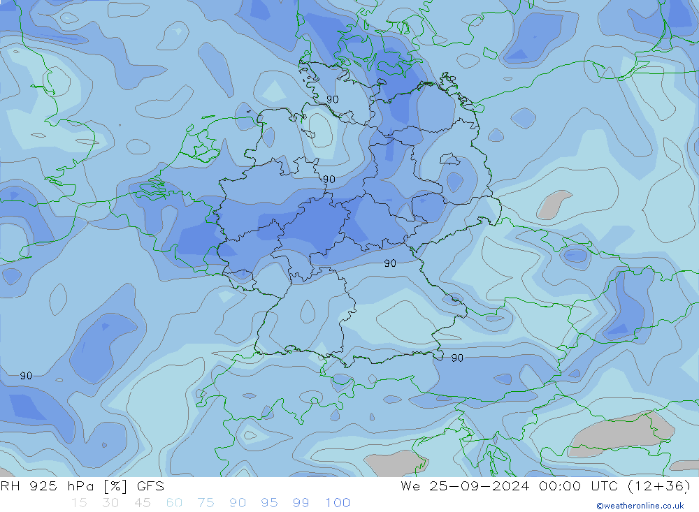 RH 925 hPa GFS mer 25.09.2024 00 UTC