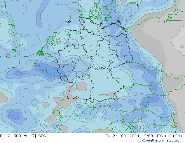 RH 0-300 m GFS Tu 24.09.2024 12 UTC