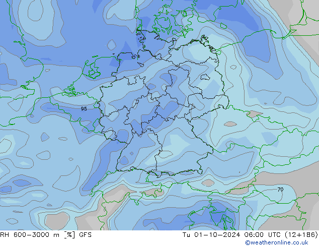 RH 600-3000 m GFS вт 01.10.2024 06 UTC