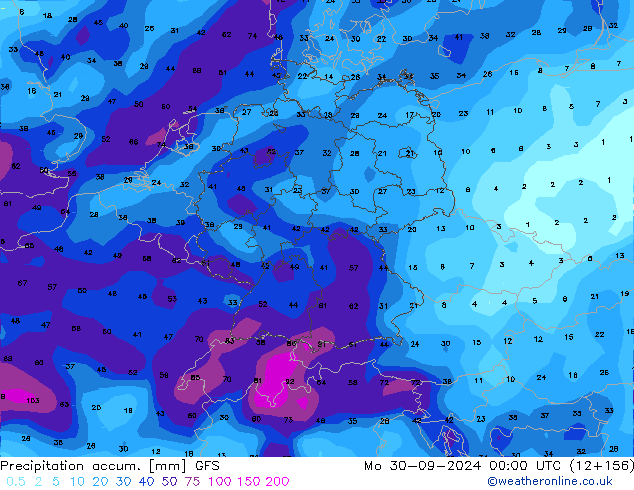 Précipitation accum. GFS lun 30.09.2024 00 UTC