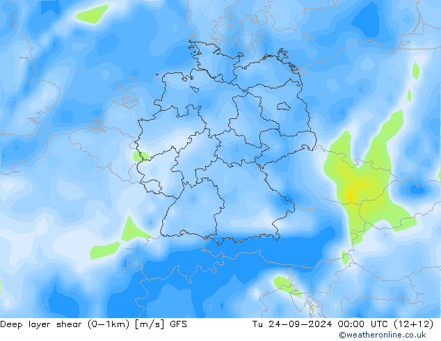 Deep layer shear (0-1km) GFS Di 24.09.2024 00 UTC