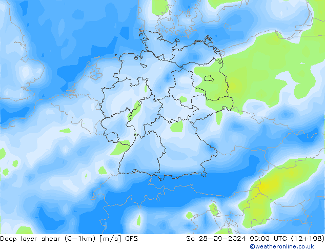 Deep layer shear (0-1km) GFS za 28.09.2024 00 UTC