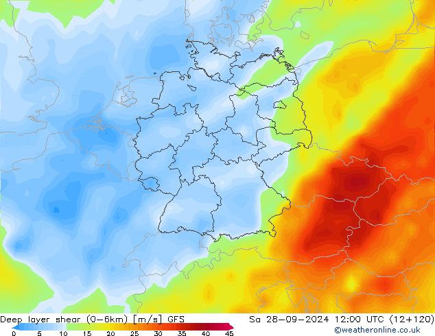 Deep layer shear (0-6km) GFS Sa 28.09.2024 12 UTC