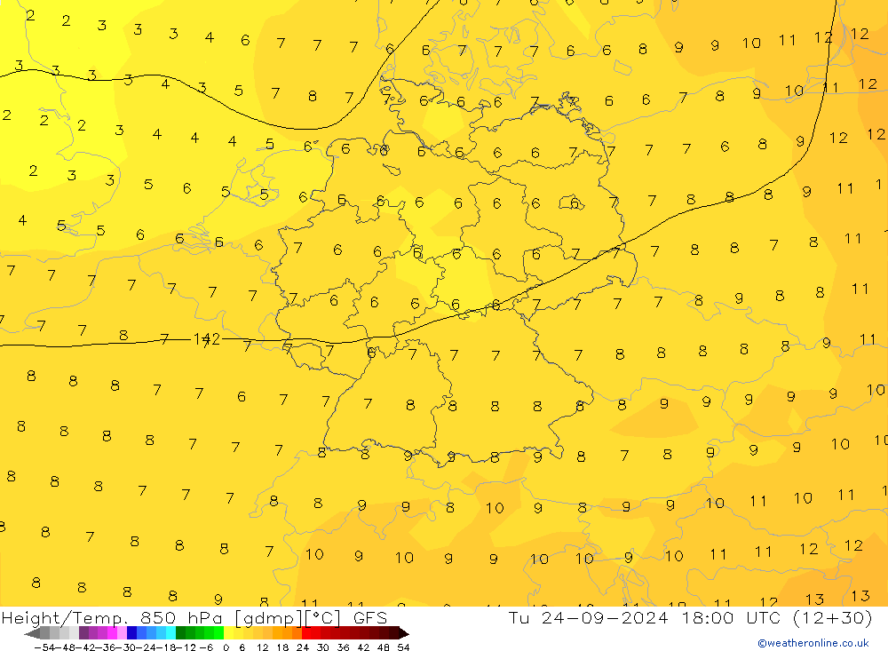 Height/Temp. 850 hPa GFS mar 24.09.2024 18 UTC