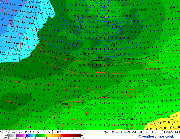 SLP/Temp. 850 hPa GFS We 02.10.2024 00 UTC