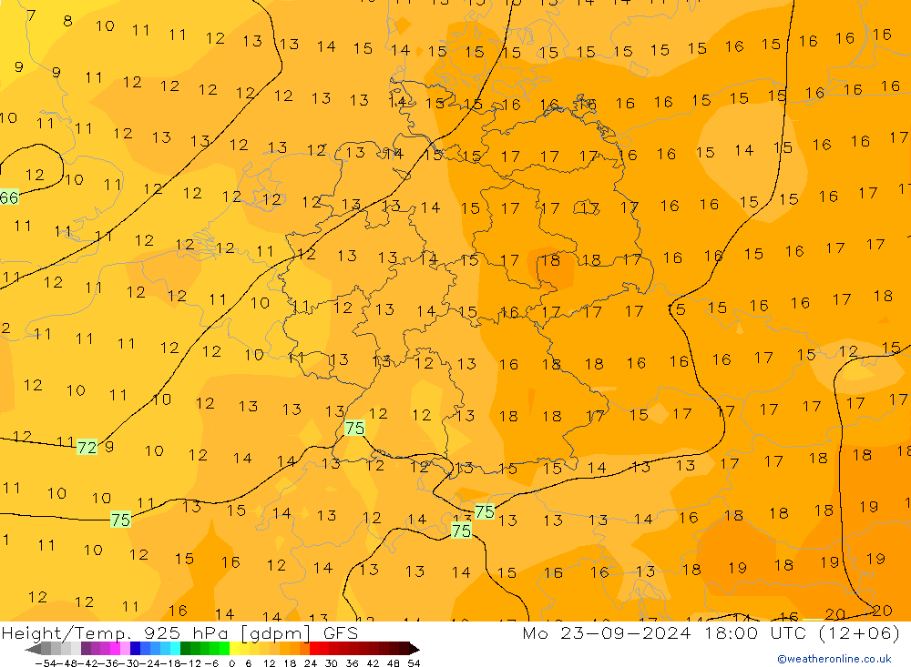 Height/Temp. 925 hPa GFS pon. 23.09.2024 18 UTC