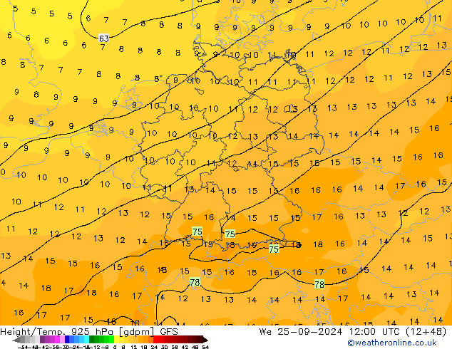 Height/Temp. 925 hPa GFS Qua 25.09.2024 12 UTC