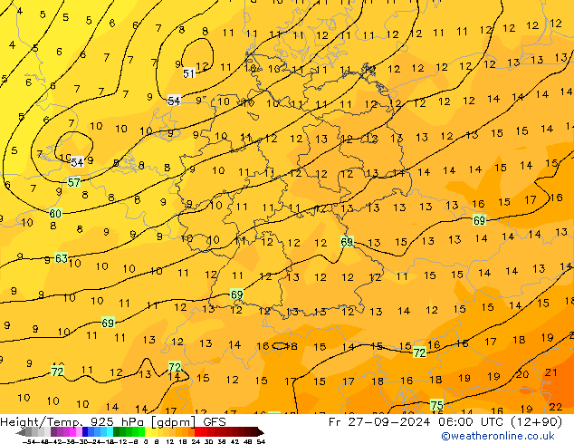 Height/Temp. 925 hPa GFS Fr 27.09.2024 06 UTC