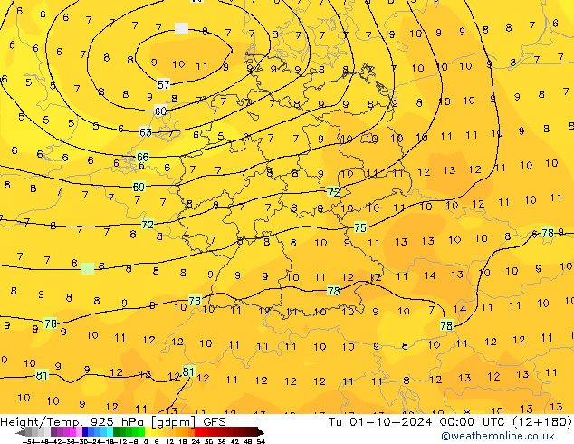 Height/Temp. 925 hPa GFS Tu 01.10.2024 00 UTC