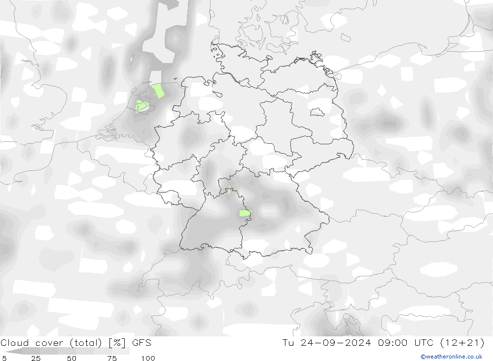 Cloud cover (total) GFS Tu 24.09.2024 09 UTC