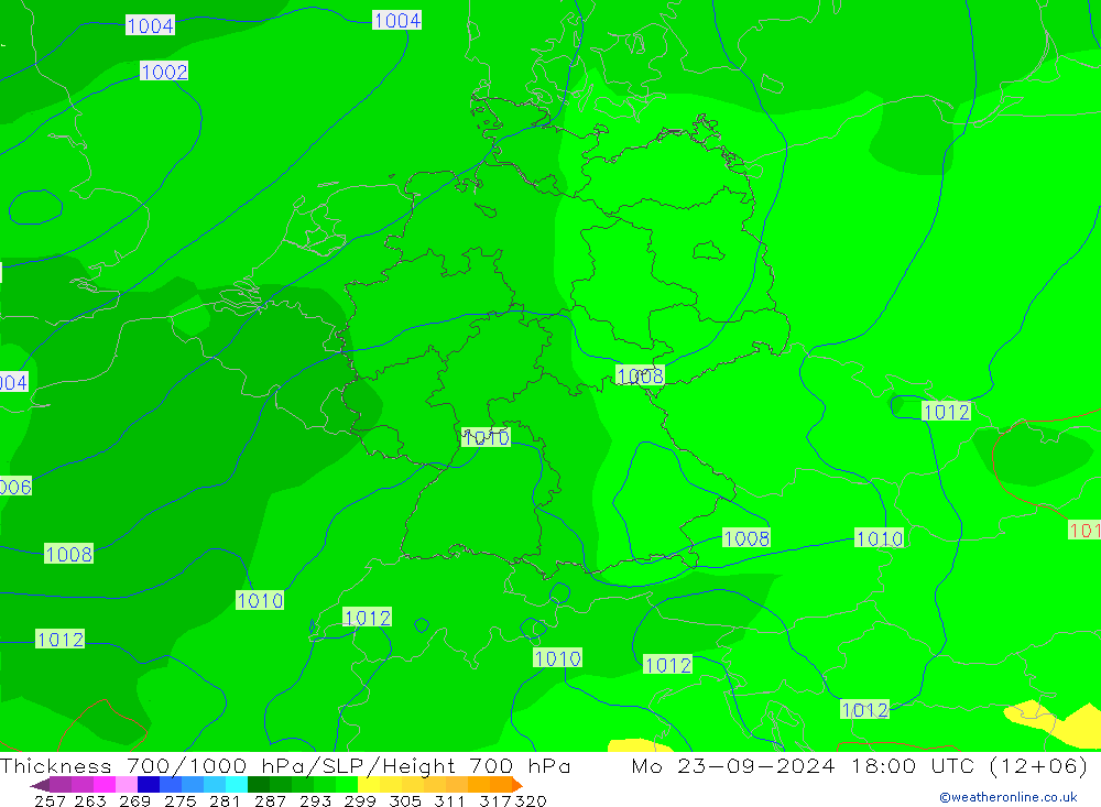 Thck 700-1000 hPa GFS Mo 23.09.2024 18 UTC