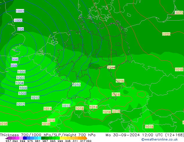 Thck 700-1000 гПа GFS пн 30.09.2024 12 UTC