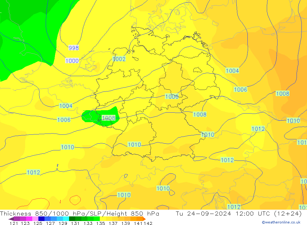 Thck 850-1000 гПа GFS вт 24.09.2024 12 UTC