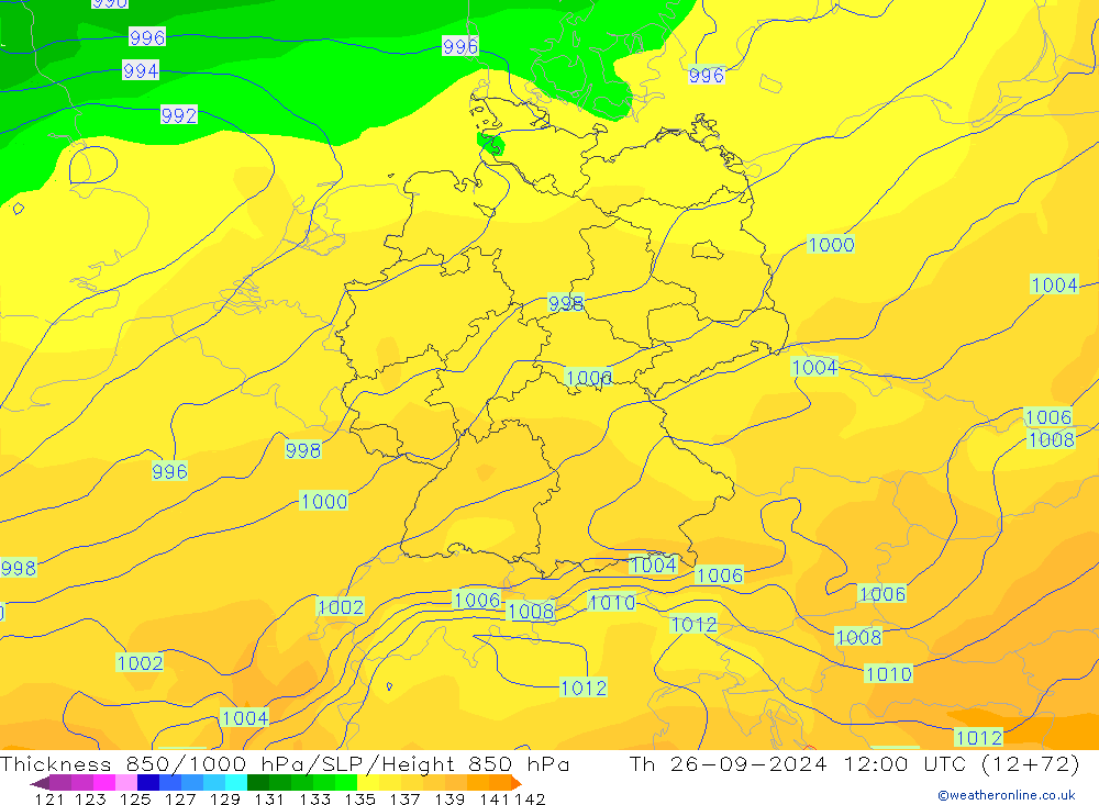 Thck 850-1000 hPa GFS gio 26.09.2024 12 UTC